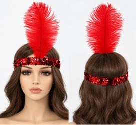 Red sequin feather headband with red feather #glamour #party