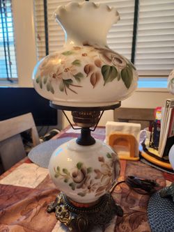 2 Vintage Hurricane Lamps White Milk Glass w/ embossed roses
