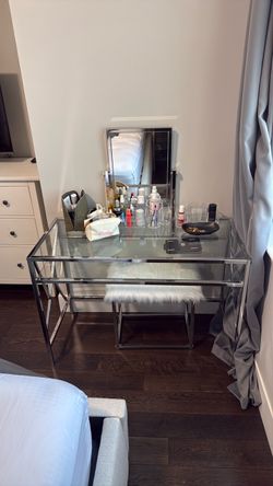 Glass/metal make up vanity with mirror and bench