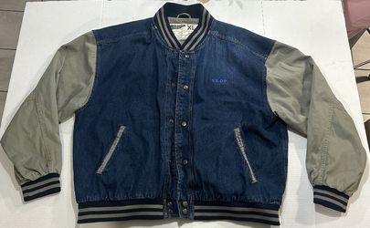Vtg XL Y2K Denim Varsity Jacket 80s 90s V.S.C.P Blue Distressed Workwear Bomber