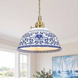 Ceramic Pendant Light,Blue and White Porcelain,7.1" Vintage Floral Shade,Small Bowl Brushed Gold