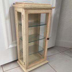 23” tall X 7.25” deep X 11” wide. Vintage cabinet, beautiful, real wood & glass.  Like new MCM showcase! French Italian Provincial mid century modern.