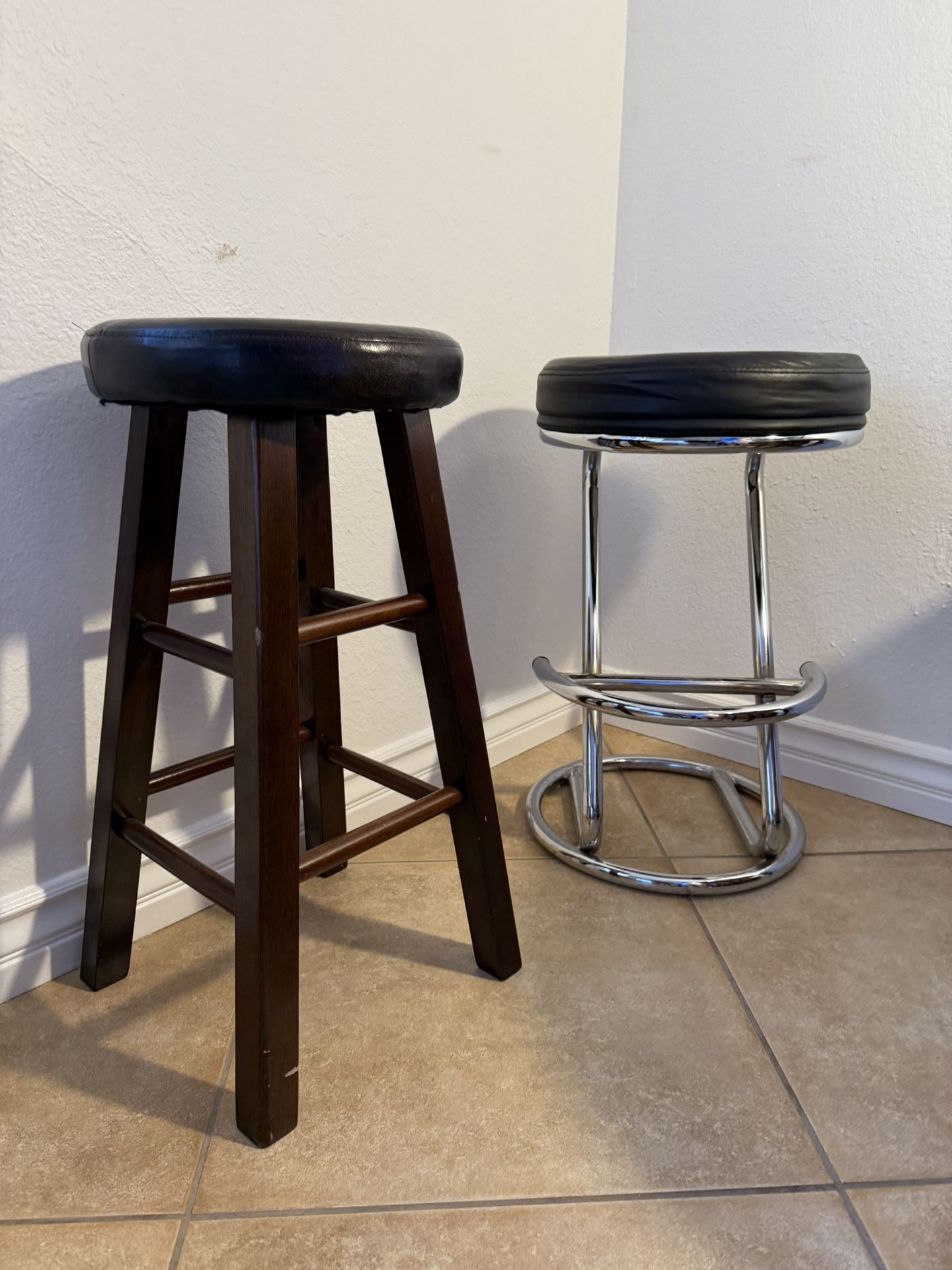 Set of Chrome and Wooden Stools