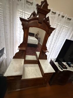 Antique Dresser Wide: 46” High : 32” Deep: 20” The mirror is high: 84” Which 6 drower
