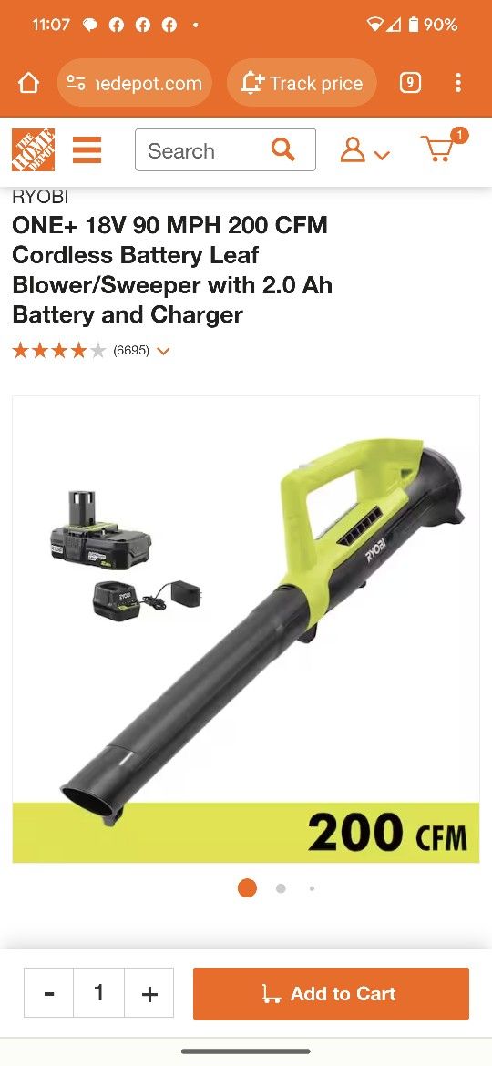 ONE+ 18V 90 MPH 200 CFM Cordless Battery Leaf Blower/Sweeper with 2.0 Ah Battery and Charger