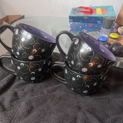 Large Coffee Mug. Shooting Stars And Moon. Iridescent, Black And Purple. New.