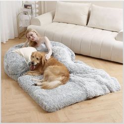 Human Dog Bed, 71"x45"x12" Plush Combo Orthopedic Pad, Washable Faux Fur Bed Cover Fits People and Pets, Adults Doze Off, Napping - Grey