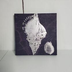 Nautical Metallic Silver Seashell Canvas Square Wall Art Decor