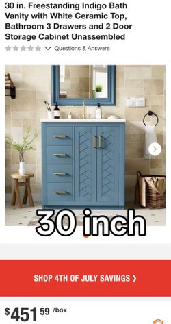 30 in. Freestanding Indigo Bath Vanity with White Ceramic Top, Bathroom 3 Drawers and 2 Door Storage Cabinet Unassembled