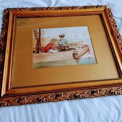 Antique Painting Of A Man And Woman In A Boat Fishing 
