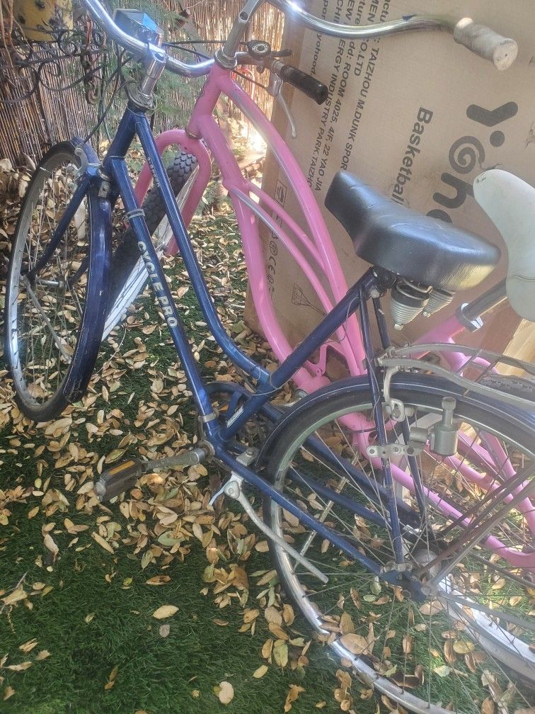 2 Bikes Vintage Blue 3 Speed Girls And Pink Cruiser