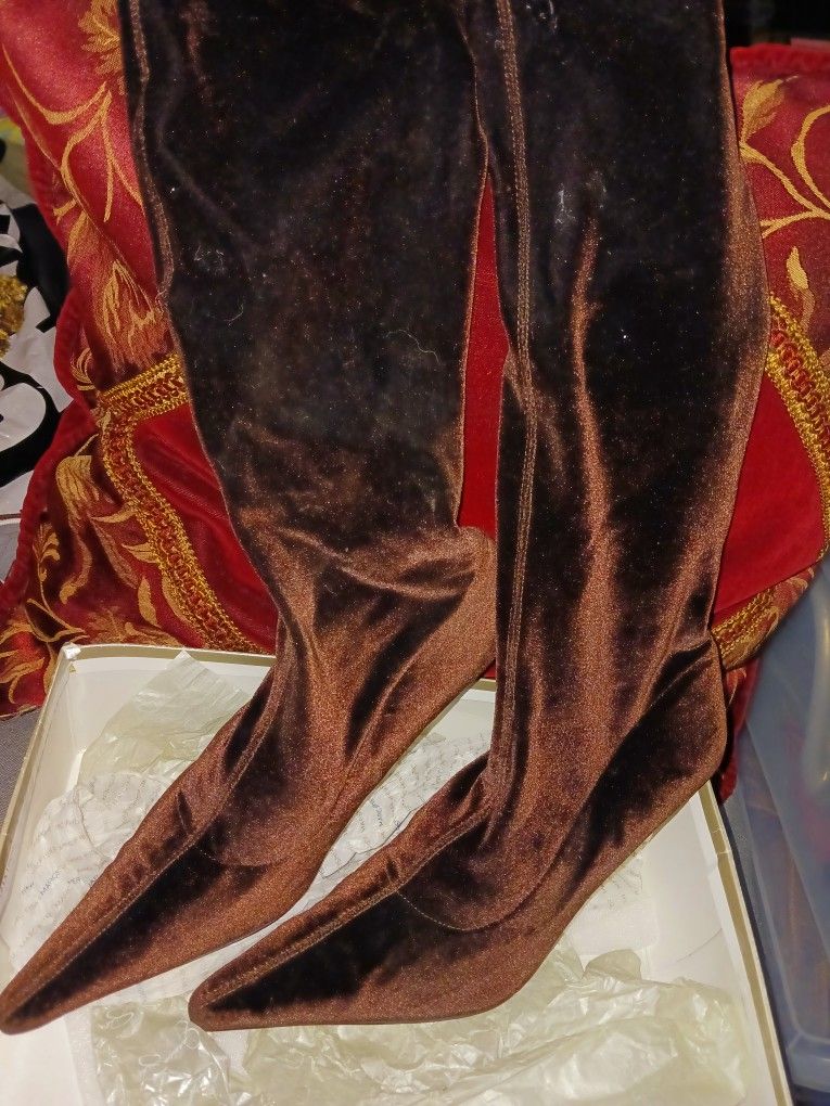 Brown Velvet Spiked Heel Boots