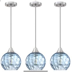 Hanging Modern Seenming House Pendant Light Fixture. D6.25” H50”Hammer Globe Blue Glass 3 Pack Mini Pendant Lighting Brushed Nickel Finish for Kitchen