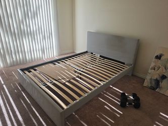 Gray Upholstered Bed Frame with Slats
