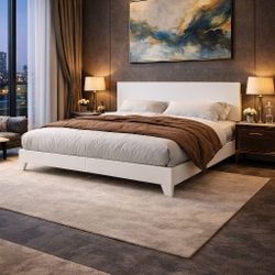 Queen  Bed Frame with Adjustable Headboard, Faux Leather Platform Bed with Wood Slats, Heavy Duty Mattress Foundation, No Box Spring Needed, Noise