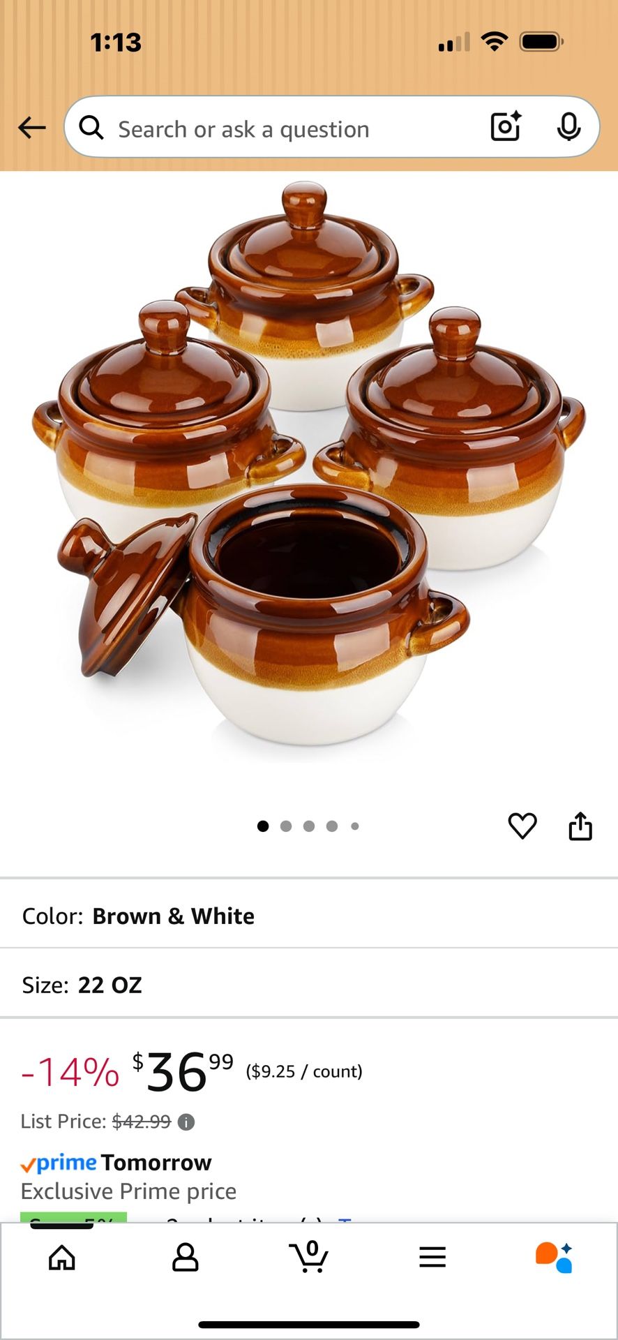 $10-This is a set of four Kitchen Basics traditional brown stoneware onion soup bowls.