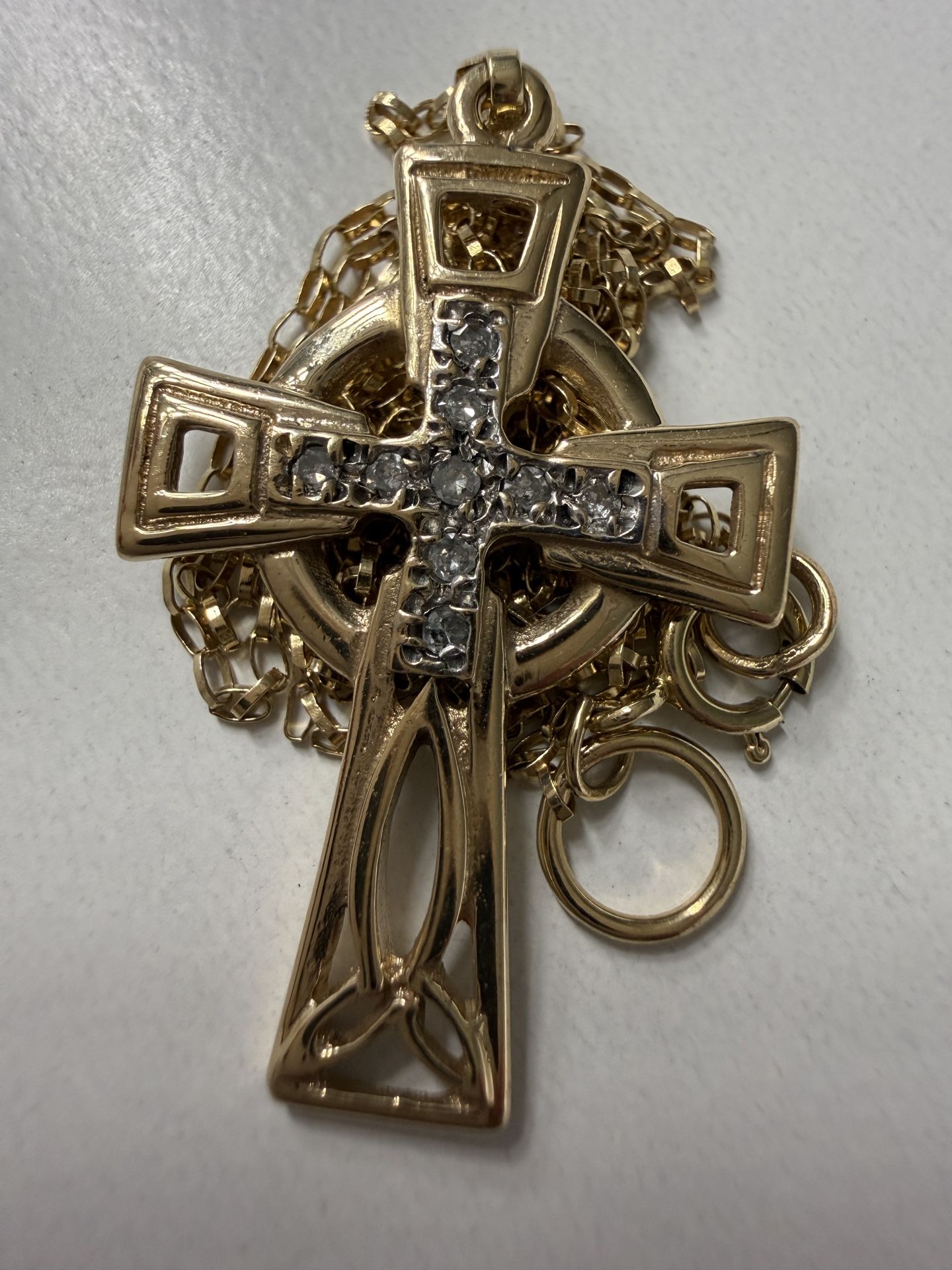 Real 14k Yellow Gold Natural White Round Diamonds Jesus Cross Crucifix Charm Pendant Cable Rolo Chain Necklace 22” Inches Long 1mm Wide