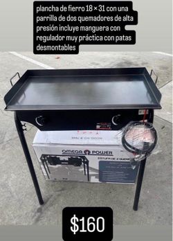 parrilla de dos quemadores con plancha de fierro 18 × 31 incluye manguera con regulador