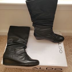 Aldo Black Leather Slouchy Wedge Heeled Boots