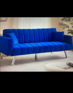 ROYAL BLUE VELVET FUTON SOFA – LIKE NEW!