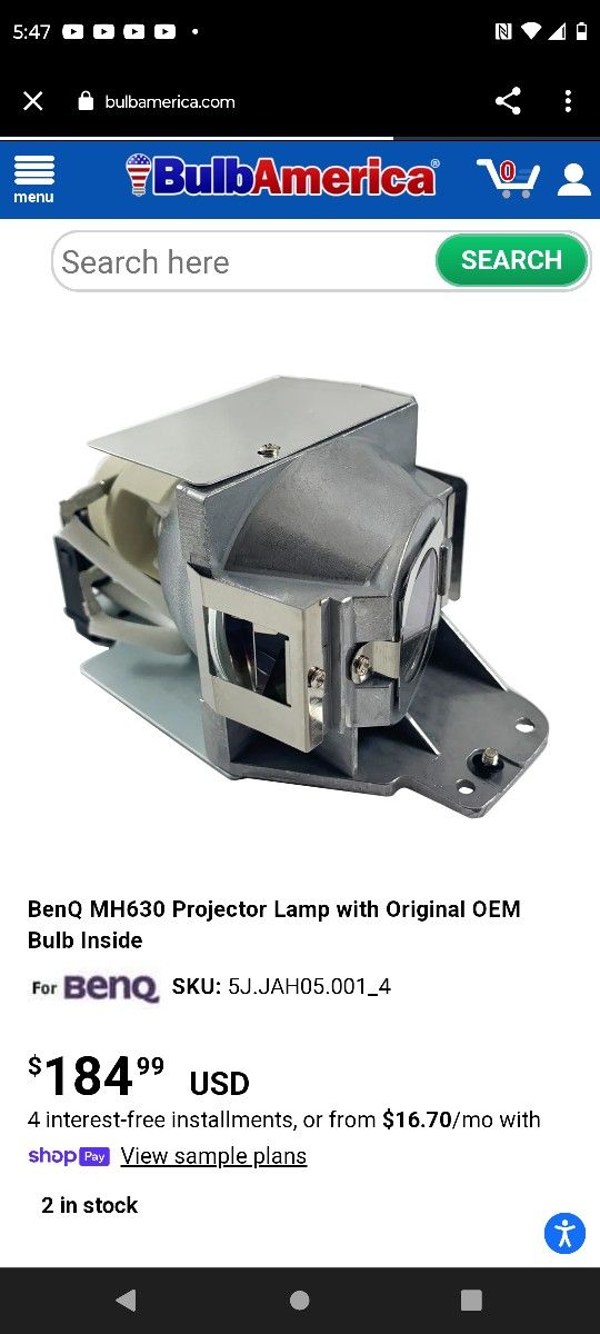 BenQ MH630 Projector Lamp with OEM Bulb Inside