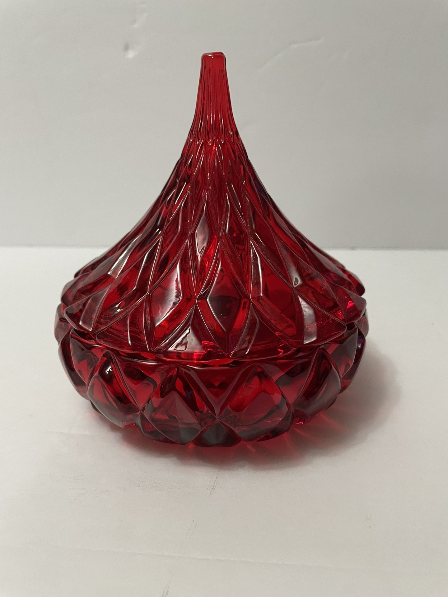 Vintage Shannon Crystal Diamond Cut Ruby Red “Hershey Kiss” Lidded Candy Dish