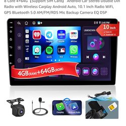 8 Core 4+64G【Support SIM Card】 Android Car Stereo Double Din Radio with Wireless Carplay Android Auto, 10.1 Inch Radio WiFi, GPS Bluetooth 5.0 AM/FM/R