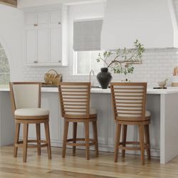 Set of 3 Wood Counter Height Swivel Stools - Ladder Back, Upholstered