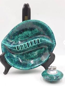 Vintage Mid Century Drip Glaze Art Pottery, Matching Ashtray & Lighter Set