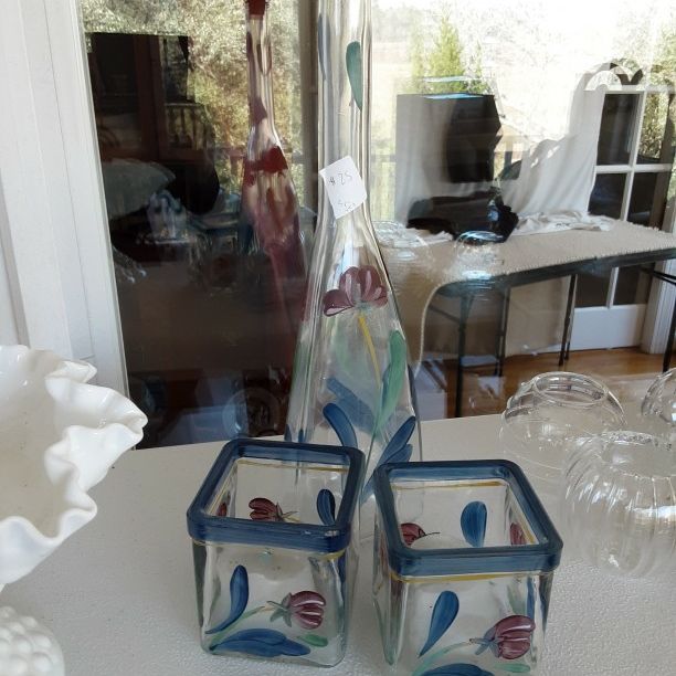 Lenox Poppies On Blue Decanter And Votive Set