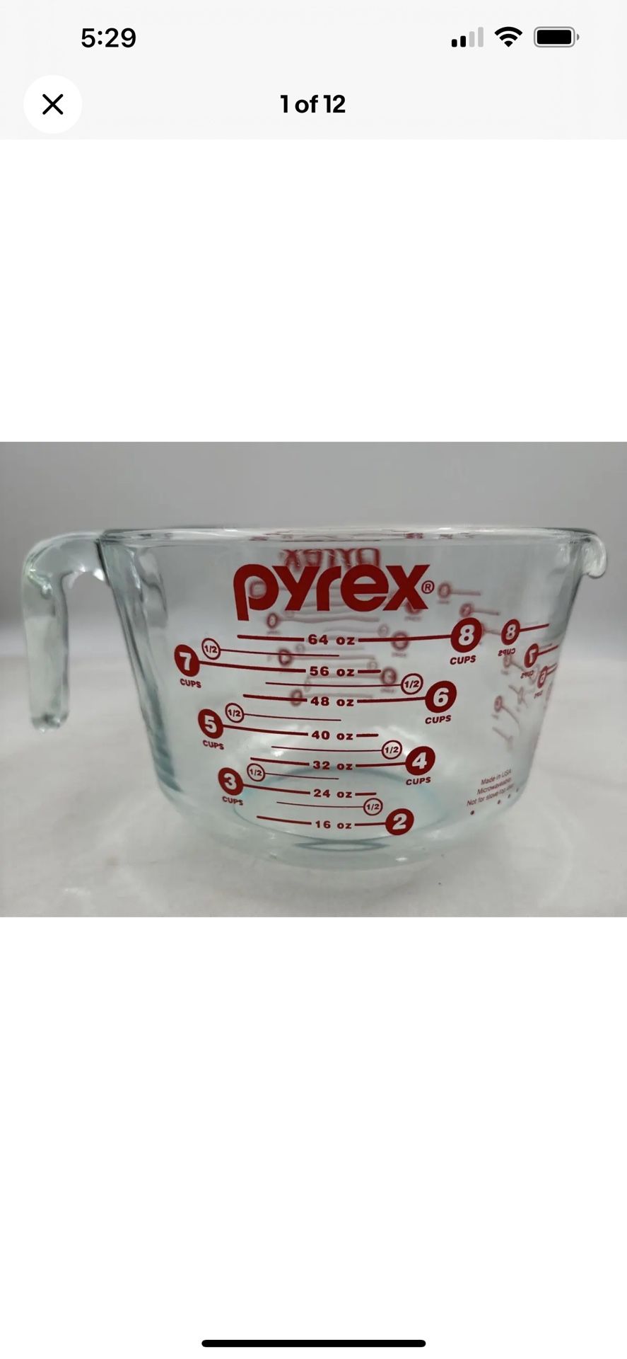 Large 2 Qt /8 cup~Bowl PYREX USA~Strong glass ~Like new Measuring cup Mixing Batter bowl