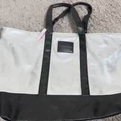 Victoria's Secret Silver Black Metallic Large Tote Bag Logo Accent Zip Closure