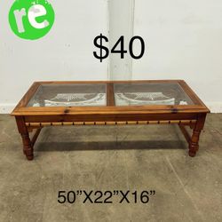 Vintage Pine Coffee Table With 2 Glasses Inserts 