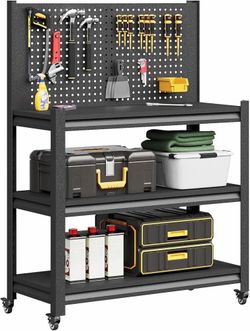 Workbench with Pegboard, Adjustable Heavy Duty Work Table with Wheels, Heavy Duty Workstation, Metal Tool Work Bench for Garage Warehouse Workshop, 48