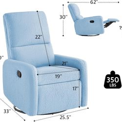 Swivel Reclining Chair, Nursery Rocker Glider Recliner Chairs for Adults, Comfy Upholstered Rocking Single Sofa for Living Room Bedroom, Light Blue