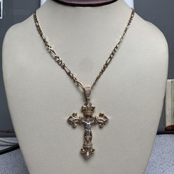 Two Stone Cross Pendant W Jesus 14K