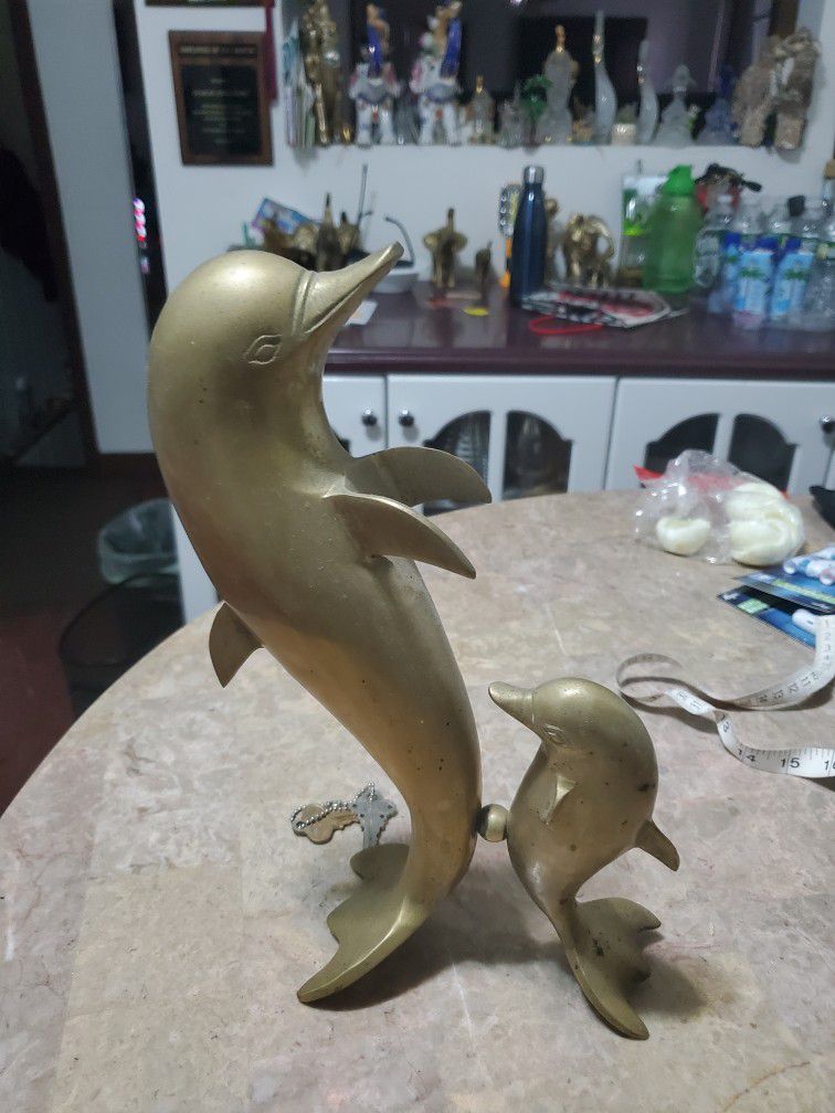 Vintage  Solid Brass Dolphins, 12 Inches Tall