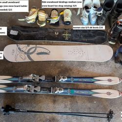 Women Men snowboard, snow skis, poles, ski/board boots(8/9/10), youth helmet, small/medium bindings