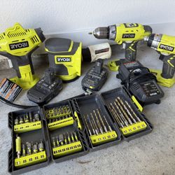 Ryobi Cordless Drill, Impact, Tire Inflator, Orbital Sander, Drill Bits and Drivers, 2 Batteries and Charger