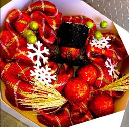 Christmas Wreath door decoration balls snowflake plaid red green fancy black hat
