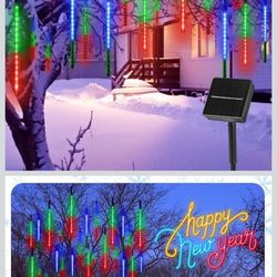 Meteor Shower Christmas Lights Outdoor, 10 Tube 240 LED Solar Rain Lights, String Lights for Xmas Tree, Wedding, Holiday Party Decor, Multicolor