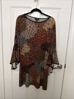 MSK Peacock Piped Bell Sleeve Shift Dress Size L Scoop Neckline Multicolor