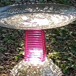 Pretty Small Crystal Glass Pink Birdbath.🌺🐦🌻Buy 2 Or 3 Get Free Solar Fountain