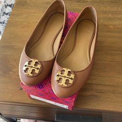 Tory Burch Ballerina Flat Tumbled Leather - Royal Tan /Gold Hardware