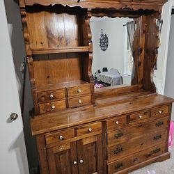 Vintage Solid Wood Hutch & Dresser Armoire – 2 Pieces