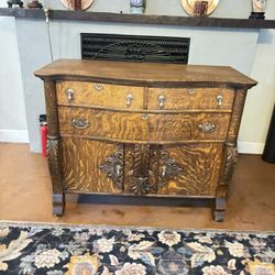 Vintage antique tiger, oak buffet sideboard server cabinet