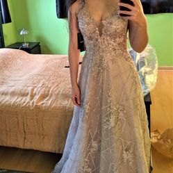 Beautiful Mauve Sheer Lace Prom Dress Embroidered Tulle Gown Size 0 