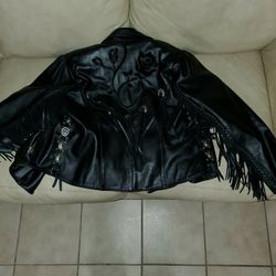 Motorcycle Leather FRINGED jacket W/black Rose