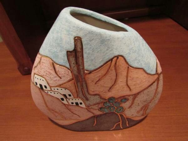Adobe hand painted vase with gold details - southwest desert -
