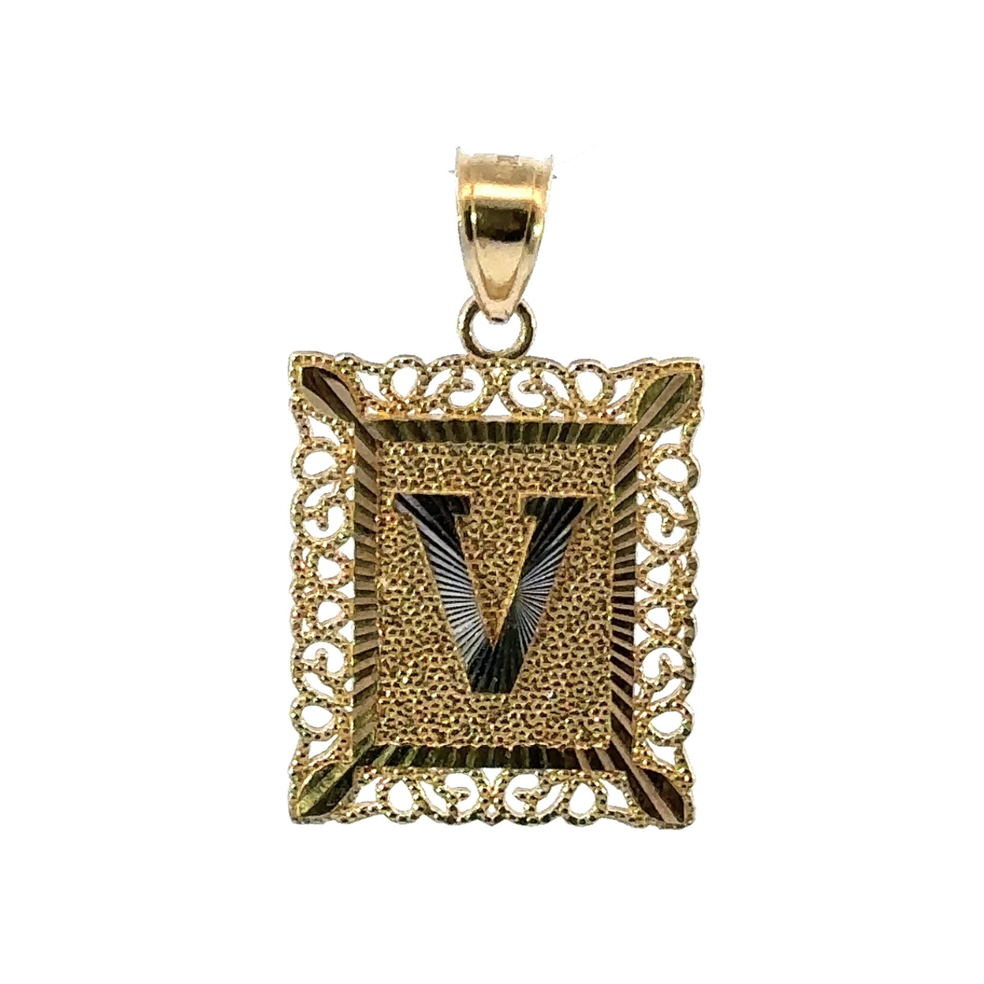 Woman’s Ladies 14k Yellow Gold V Initial Picture Frame Pendant For Necklace GP3121042
